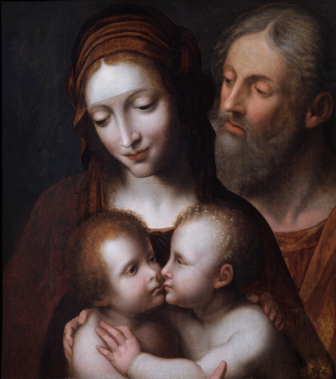 Den hellige familie med spædbarnet St. John (olie på granpanel) af Bernardino (after) Luini