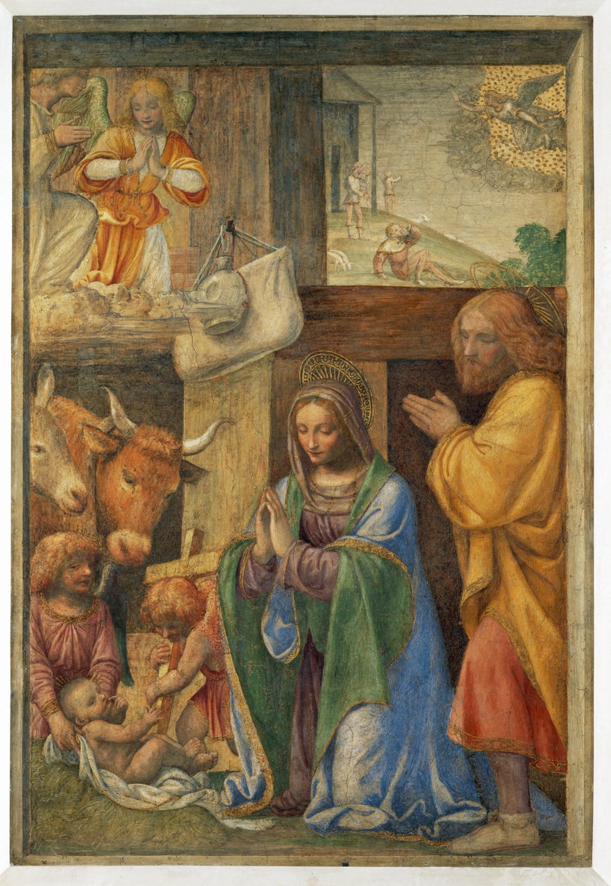 Jesu fødsel og meddelelsen til hyrderne. - Fødsel og ... af Bernardino (attr. to) Luini
