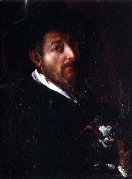 Selvportræt med en hund (olie på lærred) af Bernardino Barbatelli Poccetti
