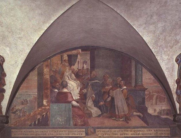 Sankt Antoninus præsenterer sig selv for pave Eugenius III som ambassadør, lunette (fresko) af Bernardino Barbatelli Poccetti