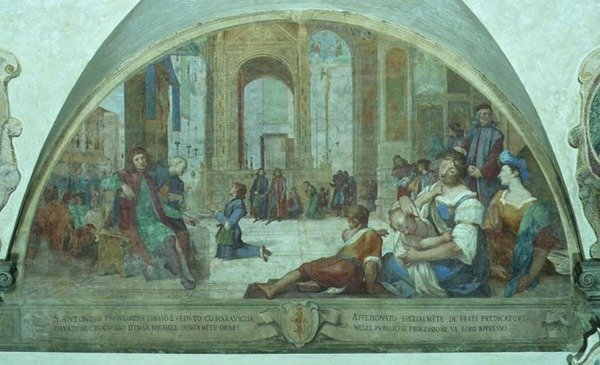 Den unge St. Anthony beder før krucifikset på byens torv (fresko) af Bernardino Barbatelli Poccetti