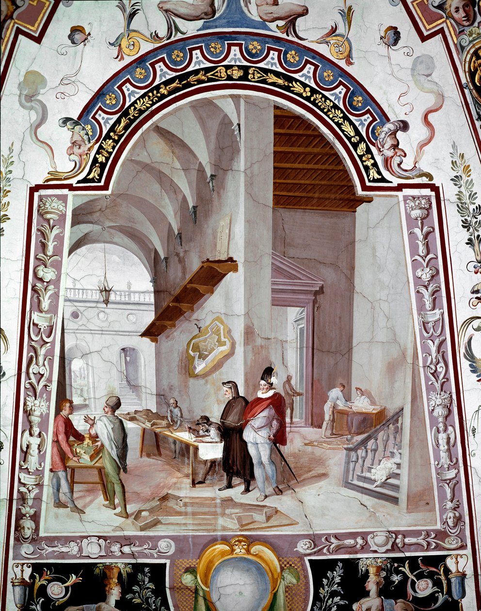 Udsigt til et arkitektværksted. Fresco af Bernardino Barbatelli dit il Poccetti (1548-1612) Uffizi-galleriet fra det 17. århundrede (kontorer) Firenze af Bernardino Barbatelli Poccetti