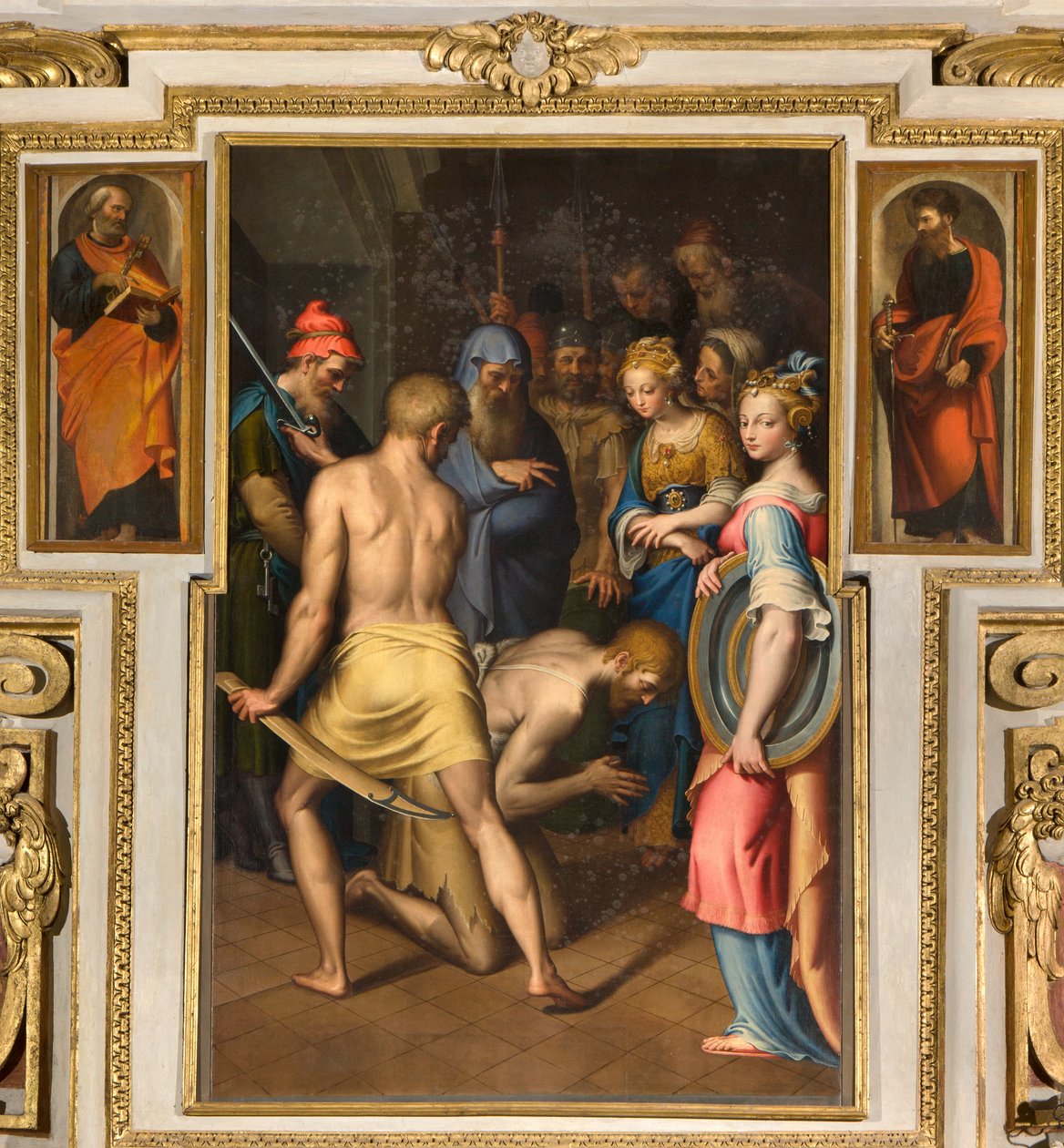 Kapel af Vor Frue af Folket, Andet spænd nordside, Bernardino Campi, Døberens Dekollation 1569, På siderne St. Peter og St. Paul 1520-30 af Bernardino Campi