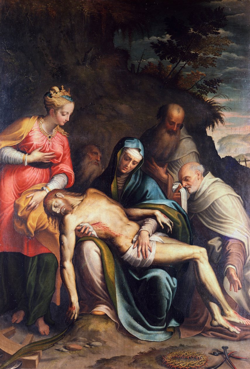 Pieta eli Kristuksen laskeutuminen Pyhän Katariinan Aleksandrialaisen ja kolmen profeetan kanssa af Bernardino Campi