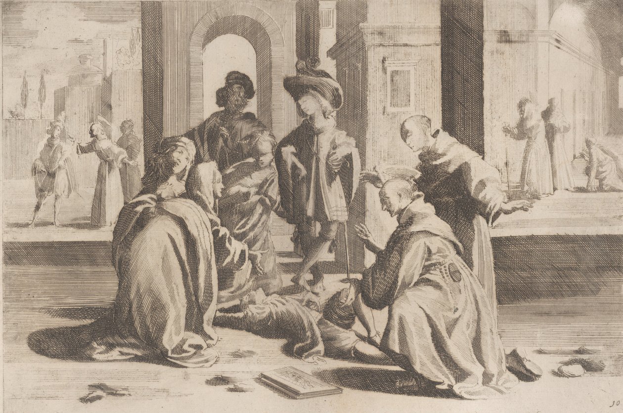 Afsnit 25: I Rom helbreder Saint Bernardino en syg ung mand, Afsnit 26: Saint Bern..., 1610-39. af Bernardino Capitelli