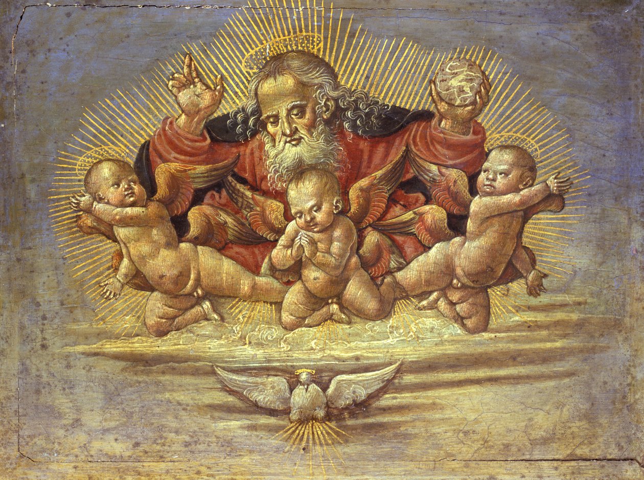 Del af et alterstykke, der forestiller Gud Faderen med tre engle, ca. 1500 (tempera på træ) af Bernardino Fungai