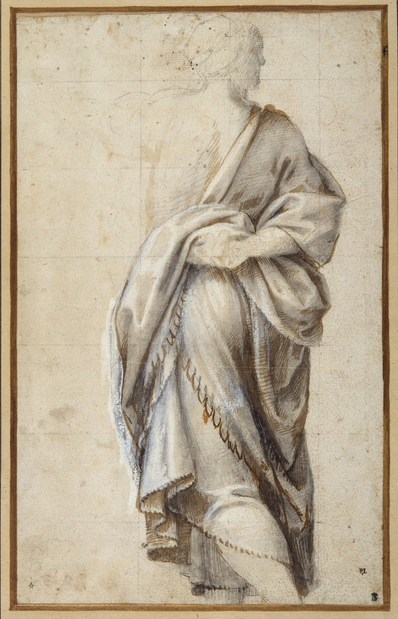 Studer for en figur i Magiernes tilbedelse (pen og brunt blæk med kropsfarve på papir) af Bernardino  Gatti