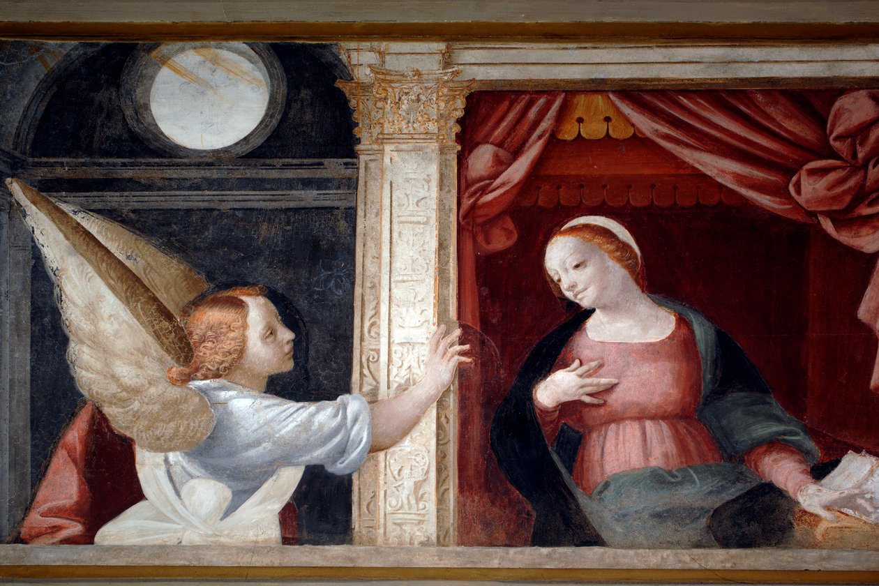 Bebudelsen, detalje fra Jomfrucyklus (1553), fresko af Bernardino Lanino (1512-1583), nederste sakristi i Novara-katedralen, Piemonte, Italien af Bernardino Lanino