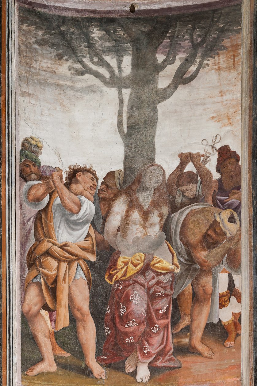 Detalje af Saint Catherines martyrium (fresko) af Bernardino Lanino