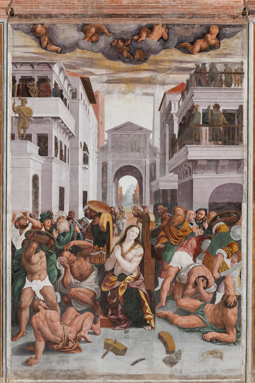 Detalje af Saint Catherines martyrium (fresko) af Bernardino Lanino