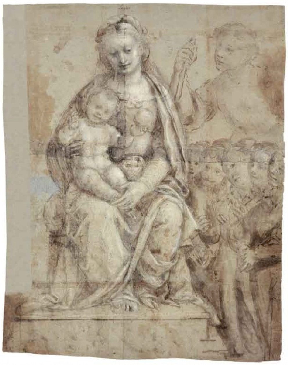 Madonna med barn, en krigerisk helgen (Michael) og en gruppe tilbedere af Bernardino Lanino