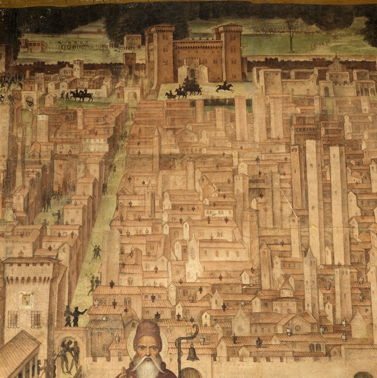 St Anthony og udsigt over Pavia, detaljer fra Stories of St Theodore cycle, fresker af Bernardino Lanzani (1460-1530 ca), St Theodore