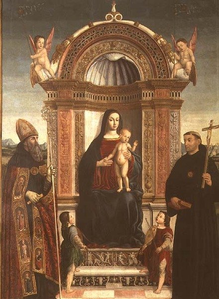 Madonna og barn med St. Nicholas af Tolentino og St. Augustine af Bernardino Loschi