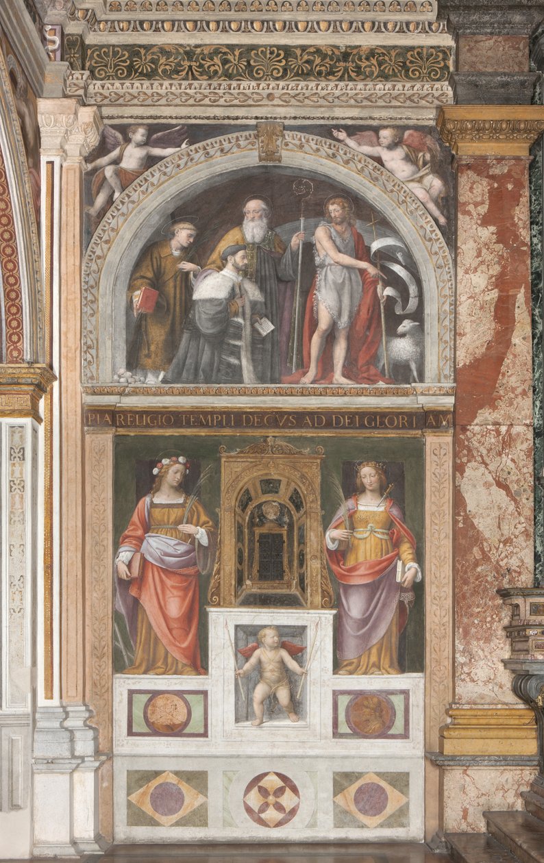 Alessandro Bentivoglio med helgener og nedenfor Saint Rose og Saint Justina (fresko) (detalje af 3497192) af Bernardino Luini