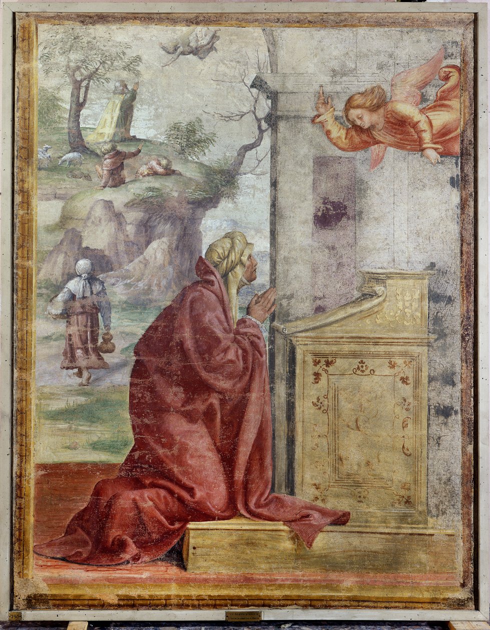 Bebudelse til Sankt Anne, i baggrunden Sankt Joachim og Englen af Bernardino Luini