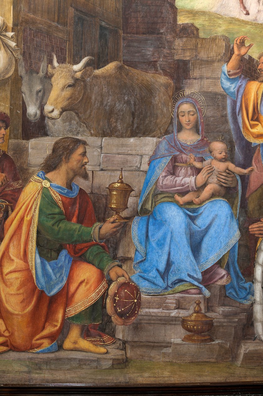 Detalje af tilbedelsen af de tre vise mænd, præsbyteriet eller hovedkapellet (fresko) af Bernardino Luini