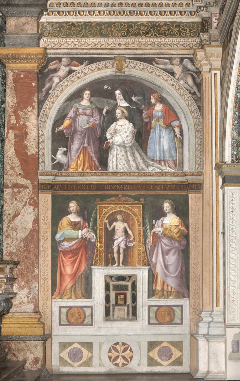 Ippolita Sforza med Saint Agnes og Saint Catherine og nedenfor Saint Apollonia og Saint Lucy, ca. 1522-25 (fresco) (detalje af 3497192) af Bernardino Luini