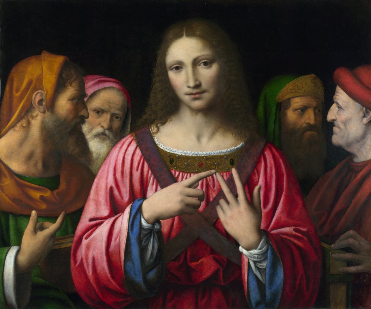 ""Kristus og lovens læger"" Maleri af Bernardino Luini (1481-1532), ca. 1515-1530 Dim 72,4x85,7 cm London, National Gallery - Luini, Bernardino (ca. 1480-1532) Kristus blandt lægerne Olie på træ c. 1520 National Gallery, London 72,4x85,7 af Bernardino Luini