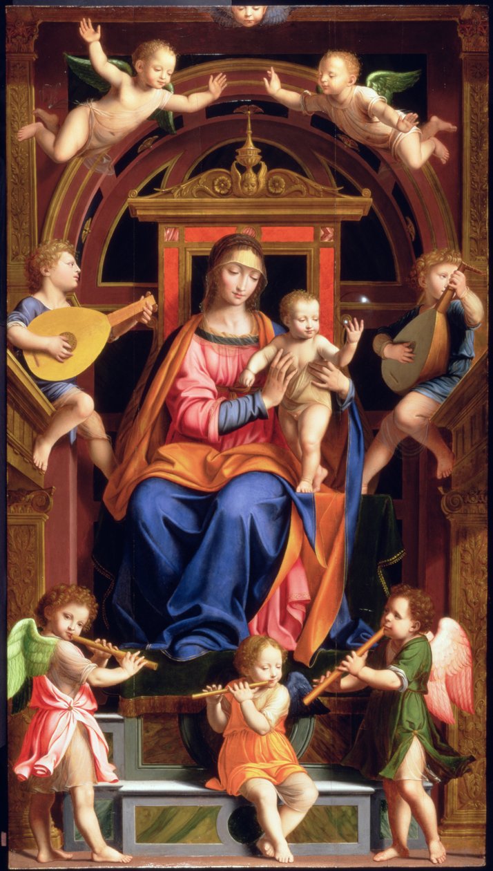 Madonna og barn på tronen af Bernardino Luini