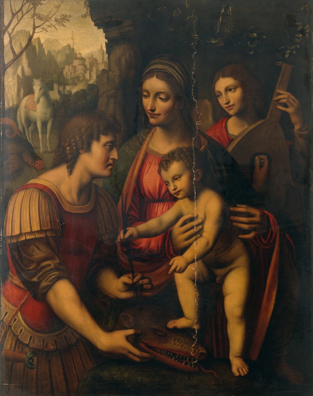 Madonna og barn med Sankt Georg og en engel (olie på panel) af Bernardino Luini