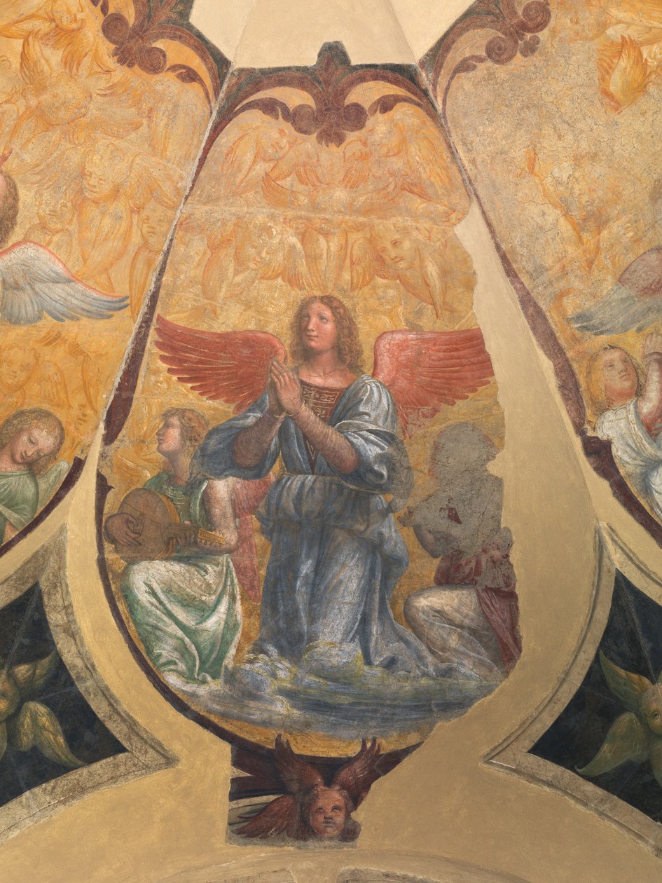 Bedende engel mellem to knælende musikere og keruber af Bernardino Luini