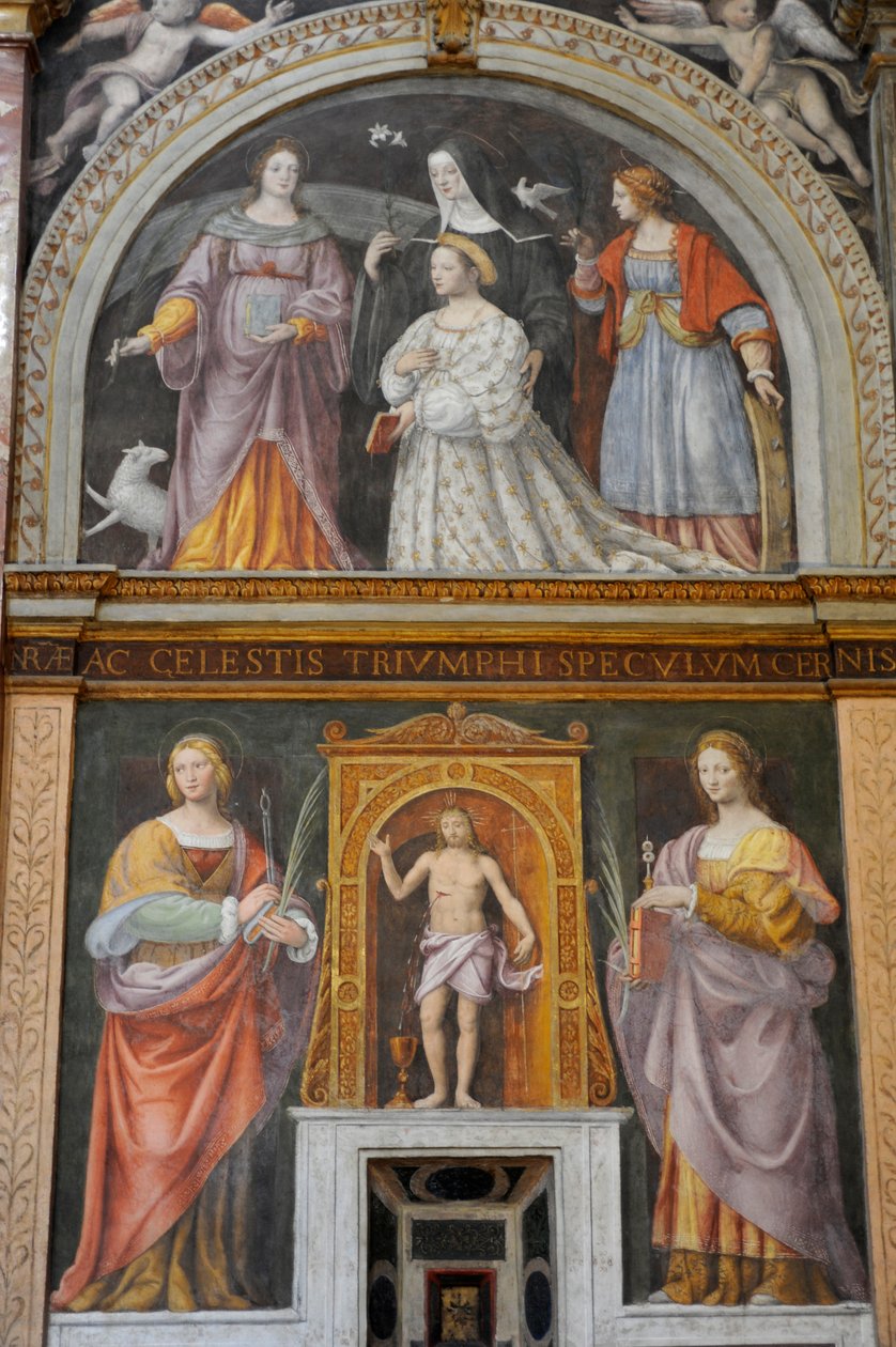 Saint Apollonia og Saint Lucy, på toppen, Ippolita Sforza omgivet af helgener og nonner, fresko af Bernardino Luini i kirken Saint Maurice ved Maggiore-klosteret, Milano, Lombardiet, Italien af Bernardino Luini