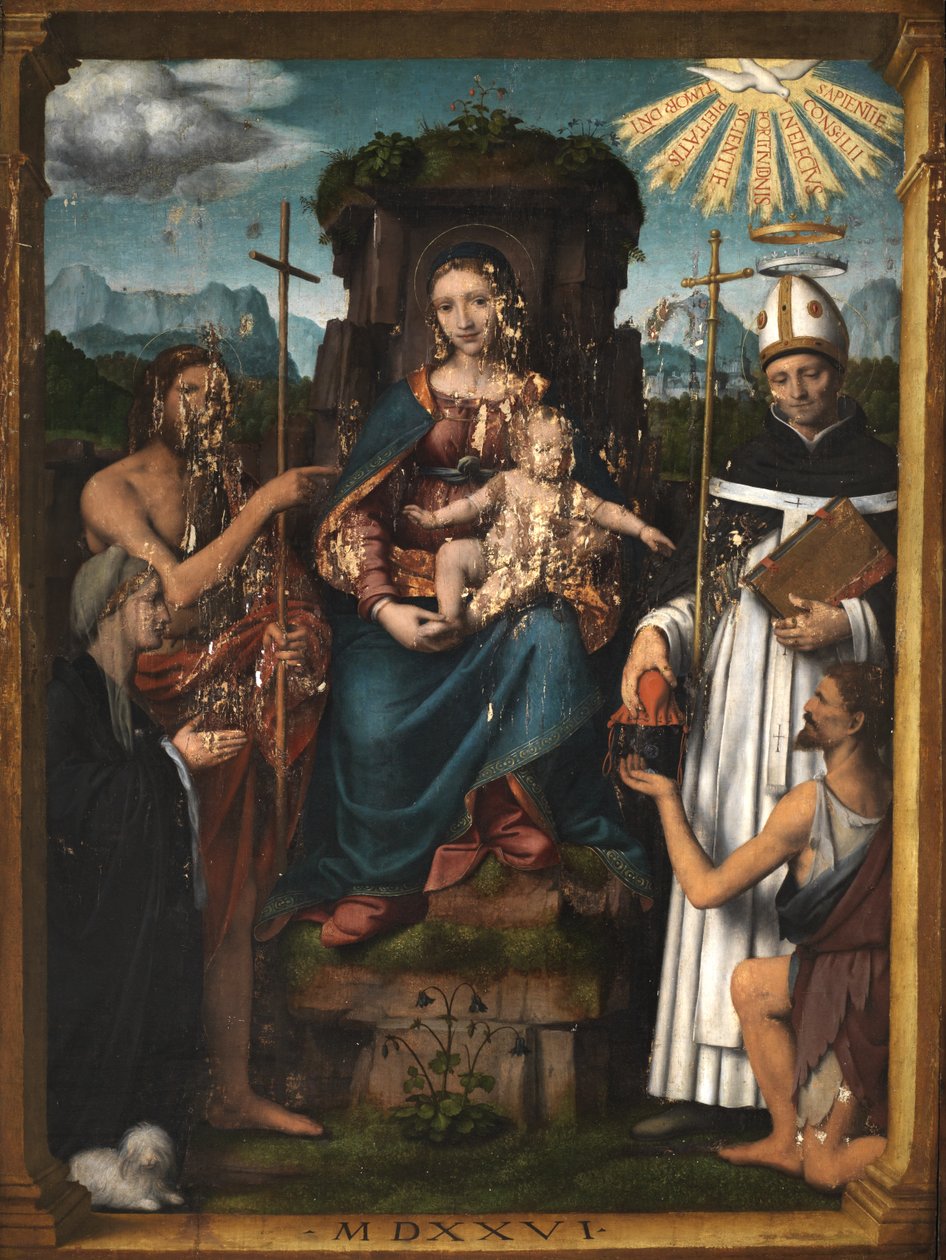 Jomfru og barn på tronen med Johannes Døberen, Sankt Antoninus, en kvindelig donor og en tigger, 1526 af Bernardino Luini