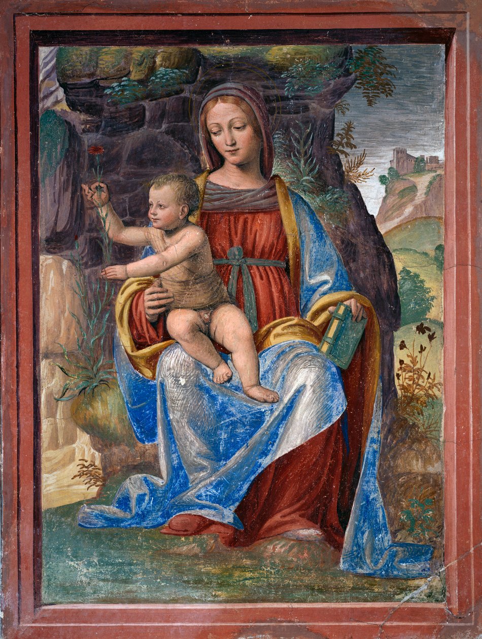 Jomfru og barn, fresko af Bernardino Luini (ca 1480-ca 1532), i Lavabo Room eller Vestry, Lombardiet, Italien af Bernardino Luini