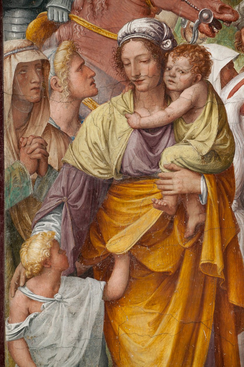 Kvinde og børn, detalje af Kristi lidenskab og korsfæstelse af Bernardino Luini