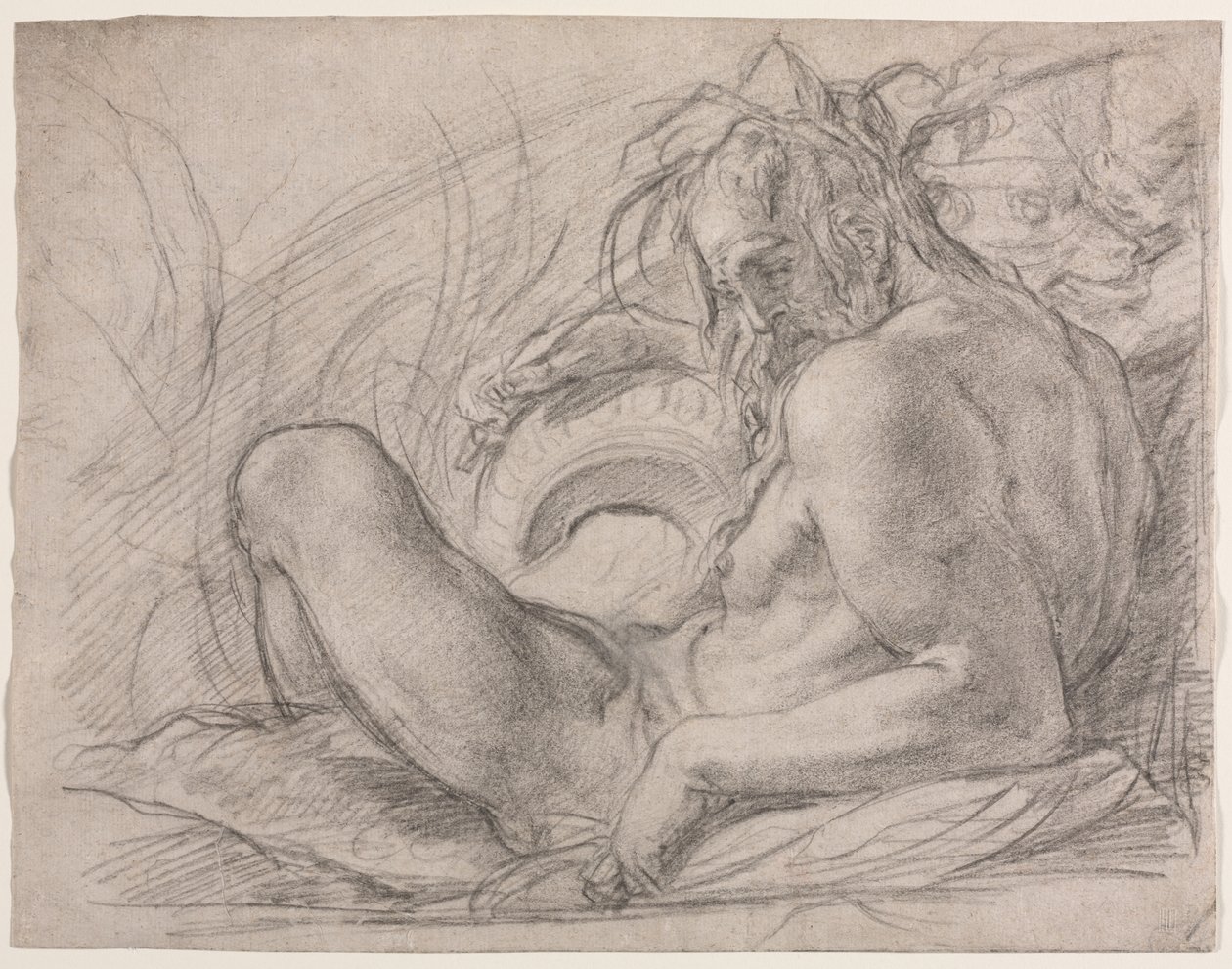 The River God Tiber (Studér for en fresco, Miracle of the Snow eller Foundation of Santa Maria Maggiore, Rom i Canigiani-kapellet i S. Felicita, Firenze) af Bernardino Poccetti