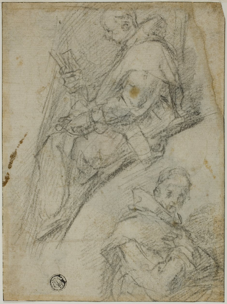 To Studier af Karteusere (recto); Tre skitser af hoveder af karteusere (verso) af Bernardino Poccetti