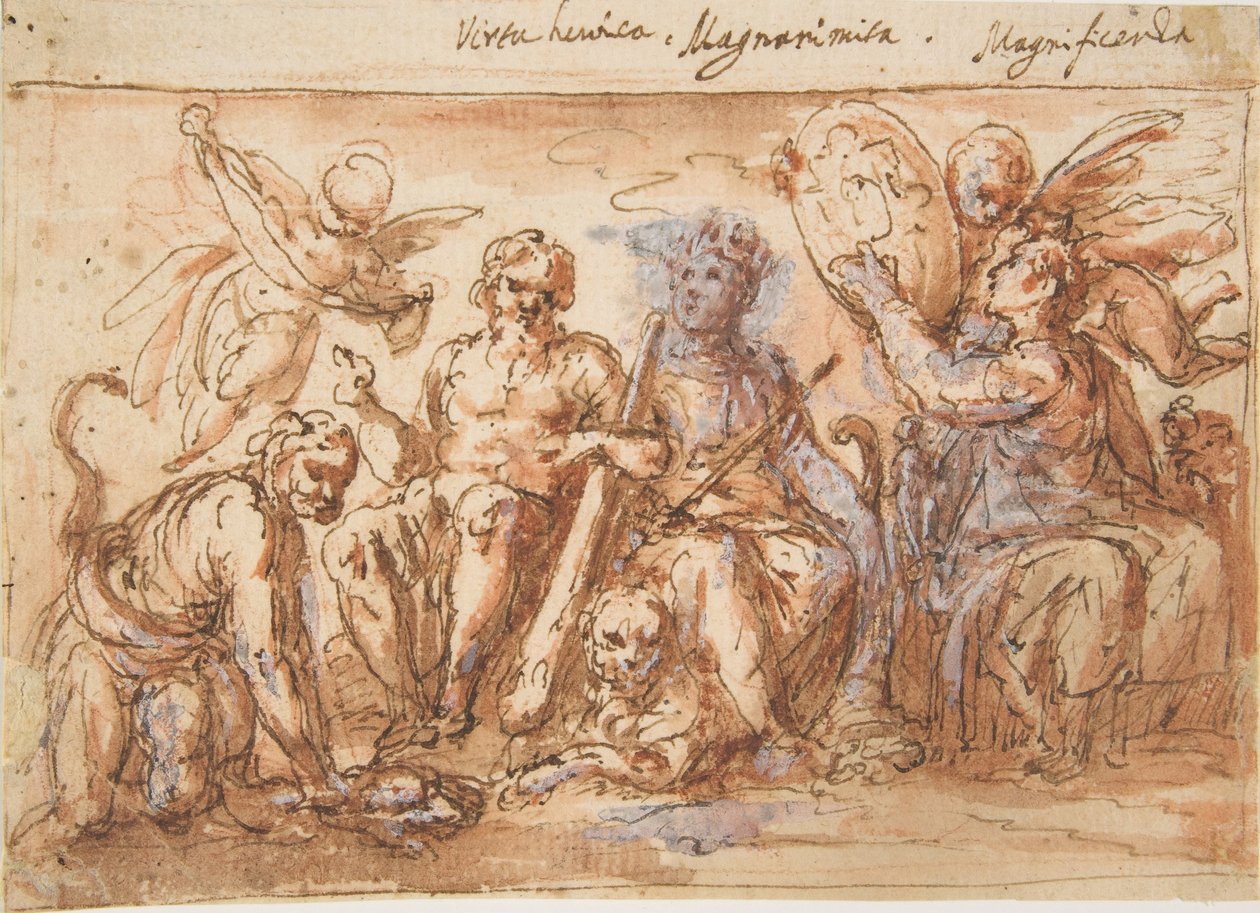 Allegoriske figurer: Kraft, Hercules kvæler Hydraen, Plenty, and Fame, 1600-1650. af Bernardino Rodriguez
