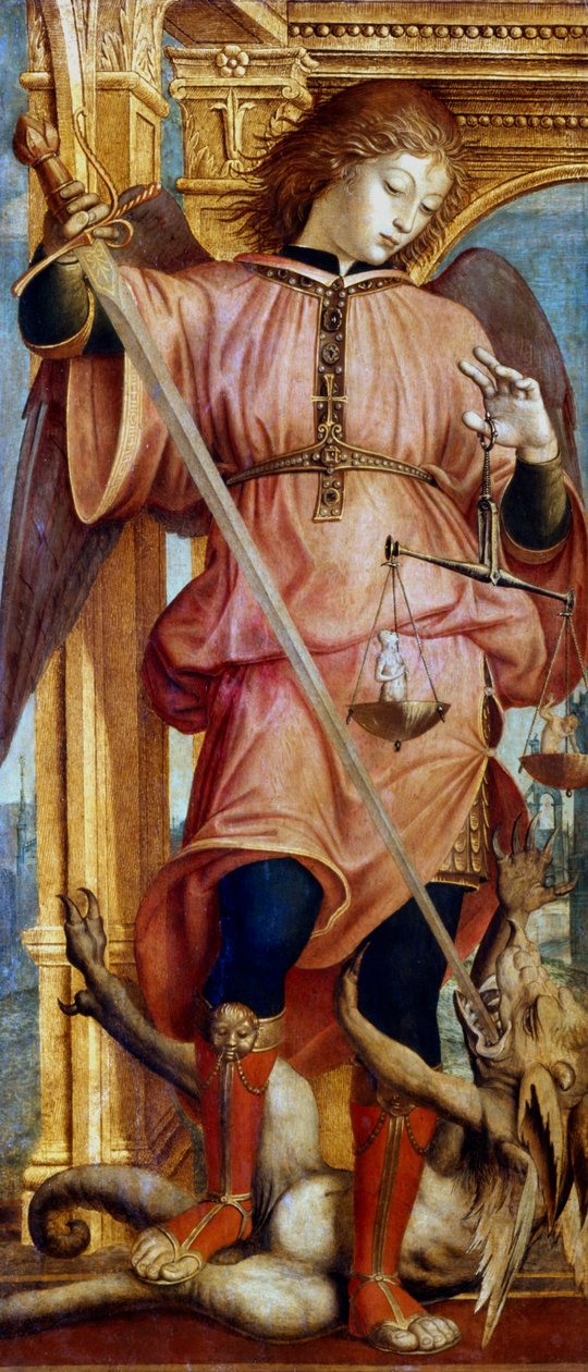 Ærkeenglen St Michael kæmper mod en drage med et sværd, c1484-1526 af Bernardino Zenale