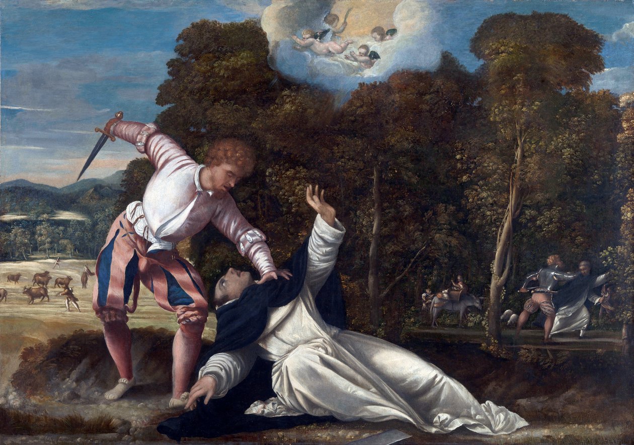 Sankt Peters død af Verona - Maleri tilskrevet Bernardino da Asola (aktiv 1525-1550), olie på lærred (102x144,8 cm), omkring 1540 - (The Death of Saint Peter Martyr, Olie på lærred af Bernardino da Asola af Bernardino da Asola