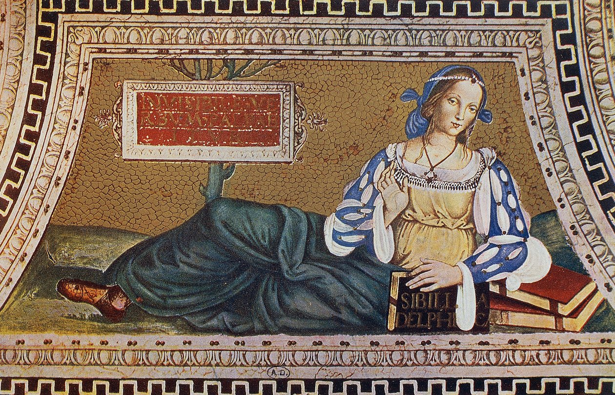 Sibylle af Delphi, gravering fra mosaik af Bernardino Pinturicchio (ca 1452-1513) i kirken Santa Maria del Popolo, Rom af Bernardino di Betto (after) Pinturicchio
