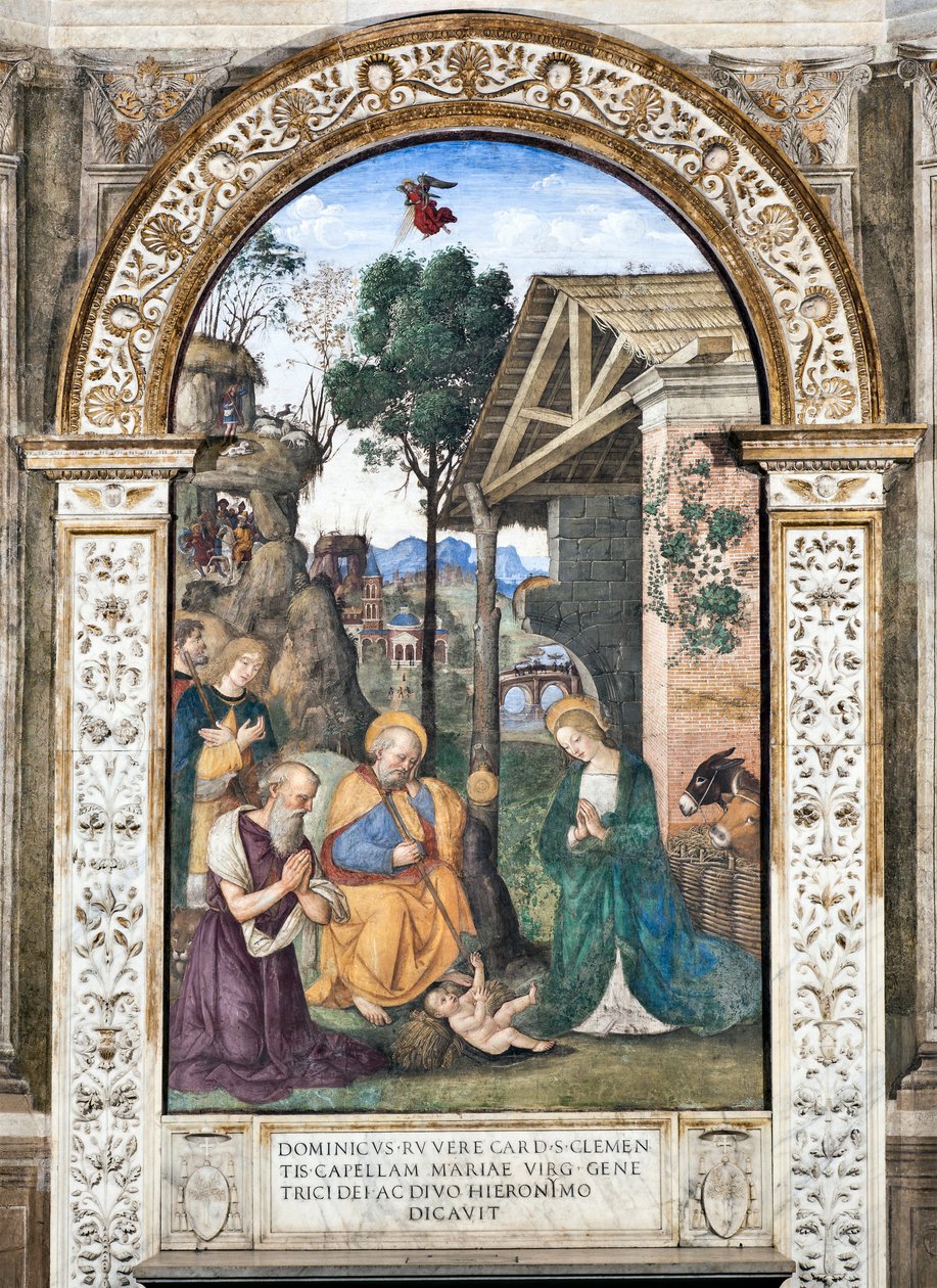 Tilbedelse af hyrdernes fresco af Pinturicchio (Bernardino di Betto) (1454-1513) 1484-1492 Basilikaen Santa Maria del Popolo (Kirken Santa Maria del Popolo), Cappella Basso della Rovere Rom Italien af Bernardino di Betto Pinturicchio
