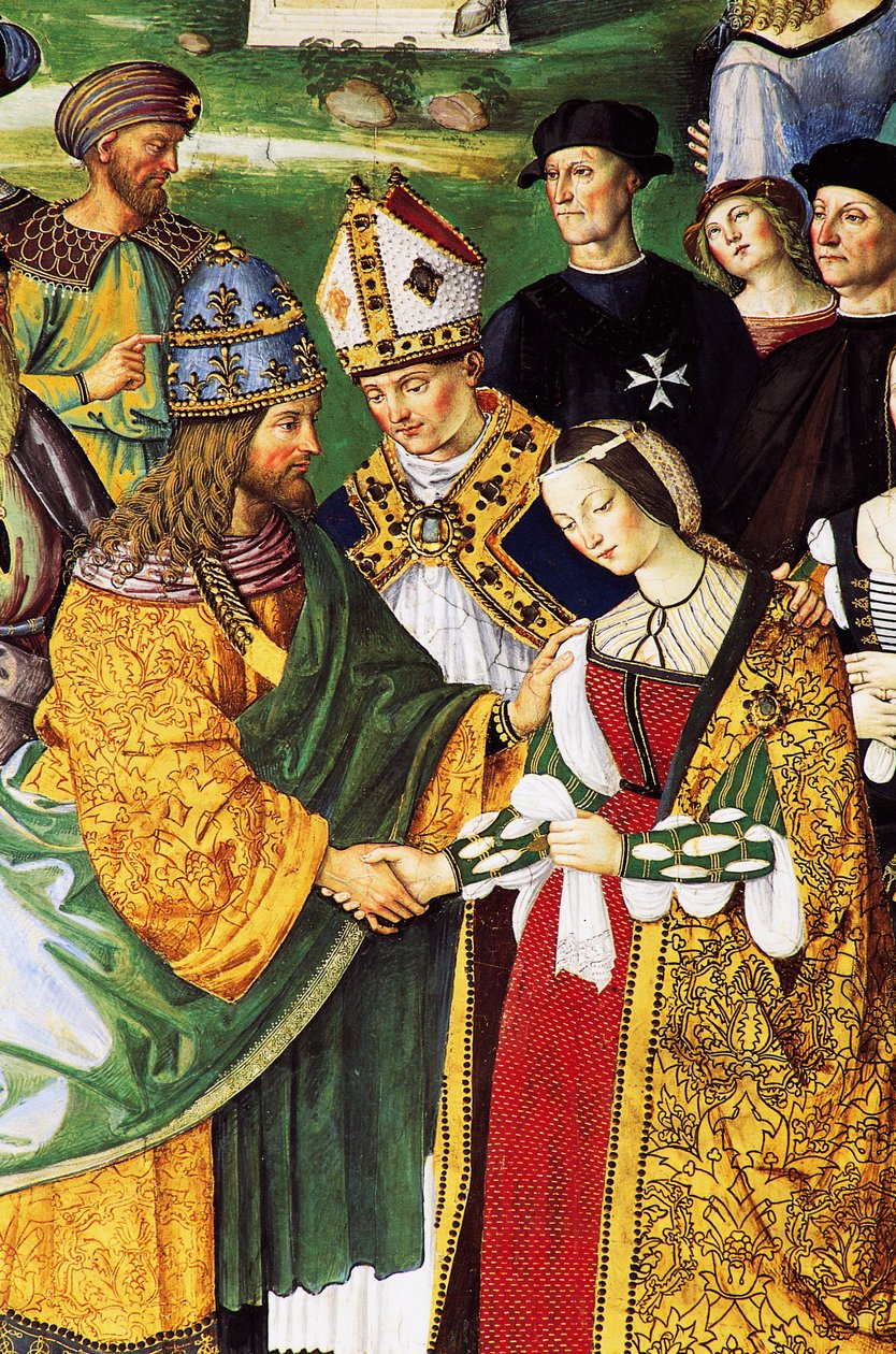 Aeneas Sylvius, biskop af Siena, præsenterer kejser Frederik III med sin kommende kone Eleanor af Aragon af Bernardino di Betto Pinturicchio