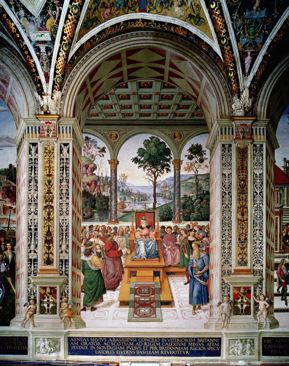 Aeneas Sylvius Piccolomini (1405-64) holder en tale for kong James I af Skotland (1394-1437) i 1435 af Bernardino di Betto Pinturicchio