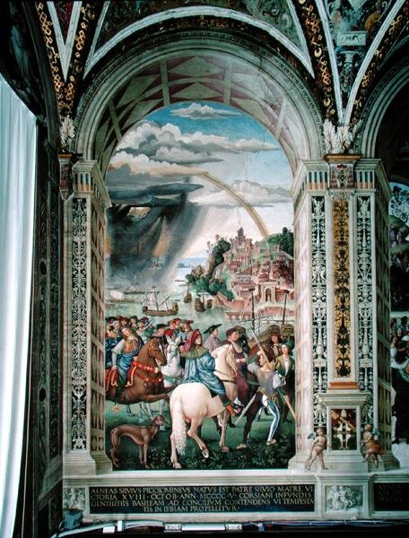 Aeneas Sylvius Piccolomini (1405-64) Rejser til koncilet i Basel i vinteren 1432 af Bernardino di Betto Pinturicchio