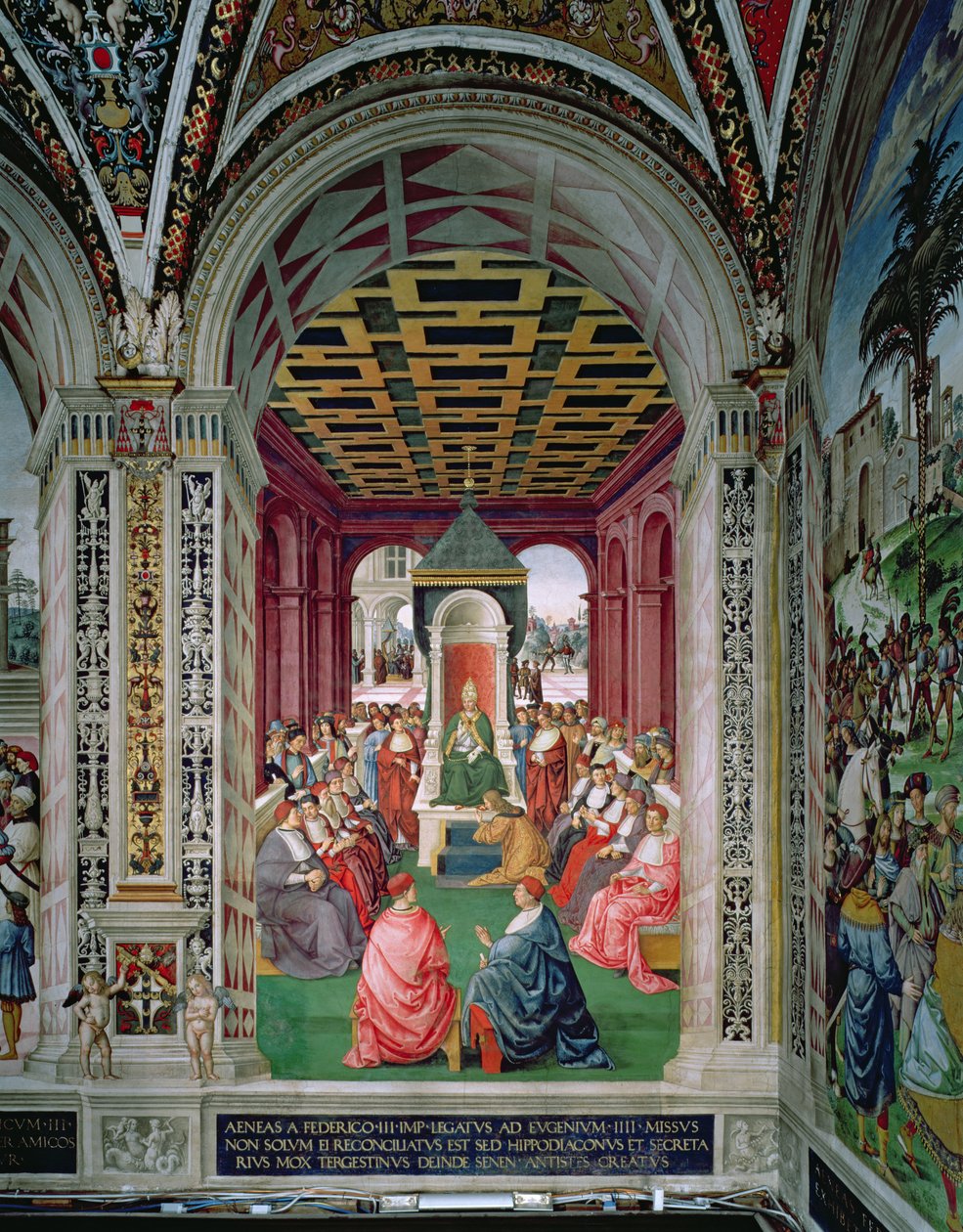 Aeneas Sylvius Piccolomini (1405-64) underkaster sig pave Eugene IV (1383-1447) 7. februar af Bernardino di Betto Pinturicchio