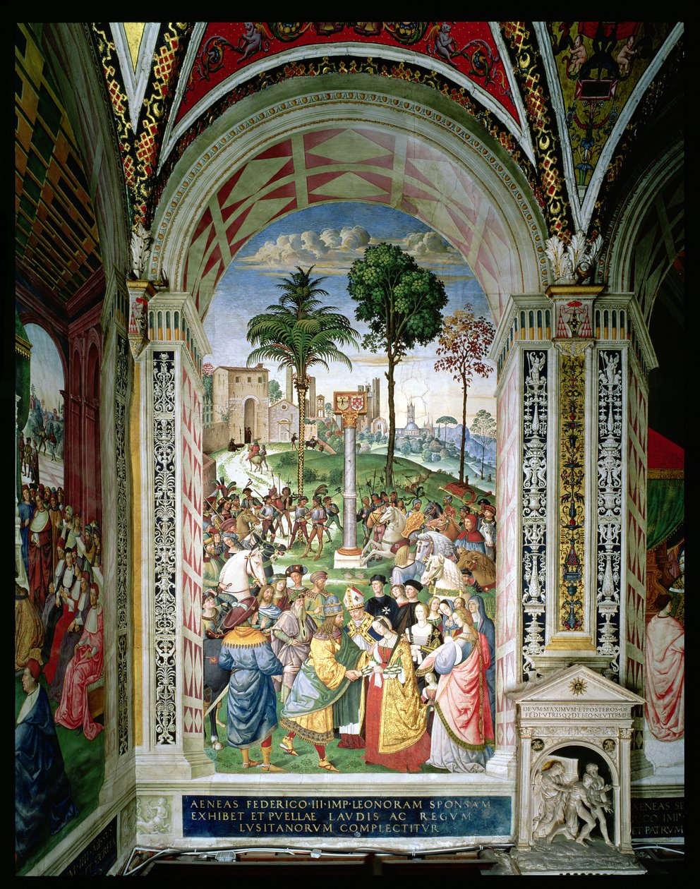 Aeneas Sylvius Piccolomini (1405-64) præsenterer Eleonora af Aragon til Frederik III (1415-93) den 24. februar 1452 (fresco) af Bernardino di Betto Pinturicchio