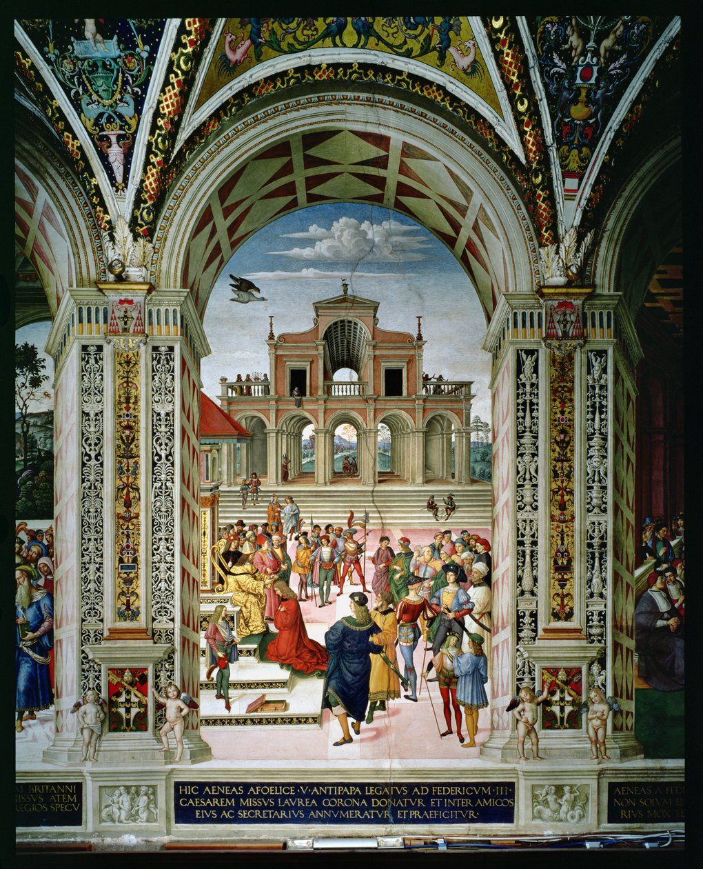 Aeneas Sylvius Piccolomini (1405-64) er kronet digterpristager af Frederik III (1415-93) i 1442 af Bernardino di Betto Pinturicchio