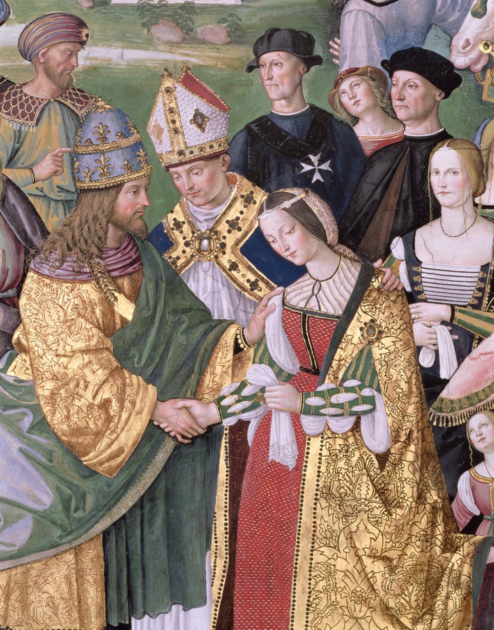 Aeneas Sylvius Piccolomini (1405-64) præsenterer Eleonora af Aragon for Frederik III (1415-93) af Bernardino di Betto Pinturicchio