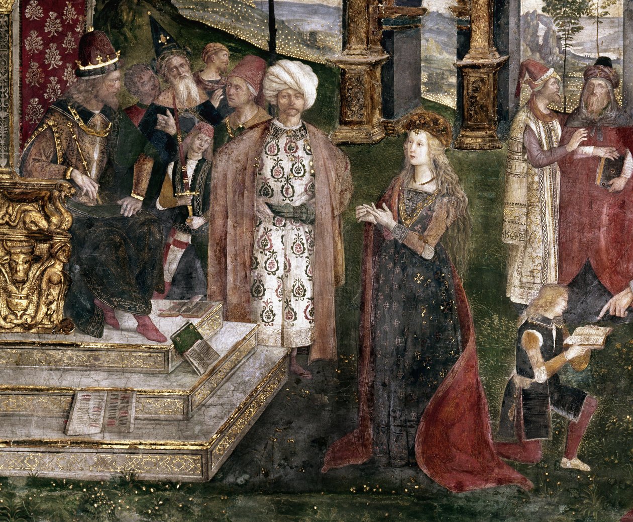 Detalje af den hellige Katarina af Alexandrias strid med filosoffen foran den romerske kejser Maxentius af Bernardino di Betto Pinturicchio