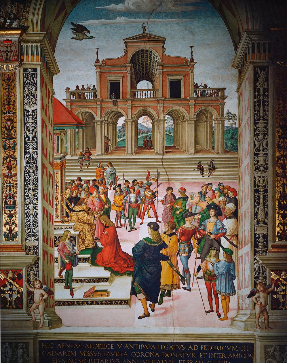 Enea Silvio kronet digter af kejser Frederik III, Siena, Duomo, Piccolomini Library af Bernardino di Betto Pinturicchio