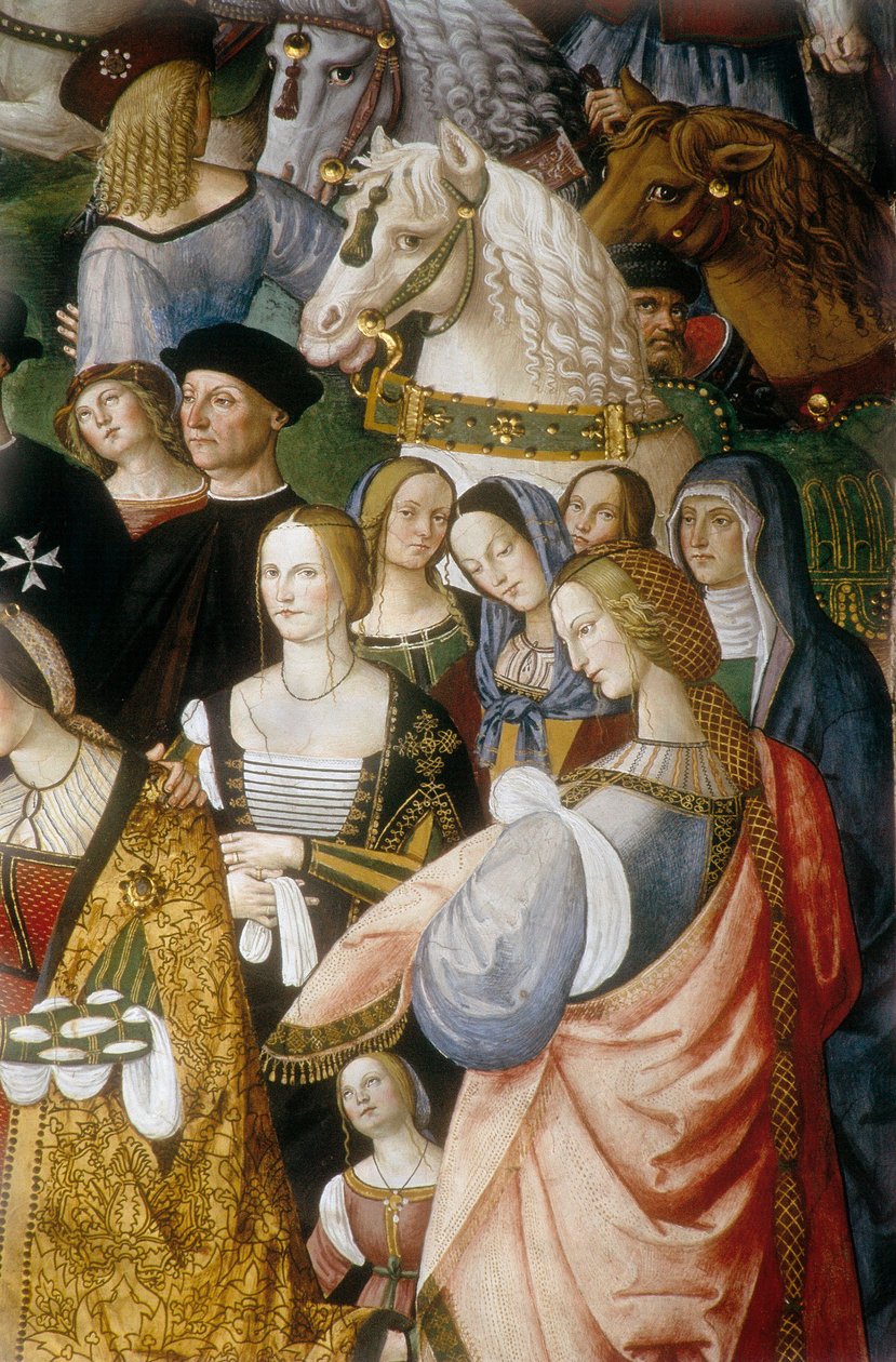 Enee Silvio Piccolomini præsenterer Eleonore af Portugal for kejser Frederik III af Det Hellige Rige ved Camollia-porten i Siena”, detalje (fresko) af Bernardino di Betto Pinturicchio