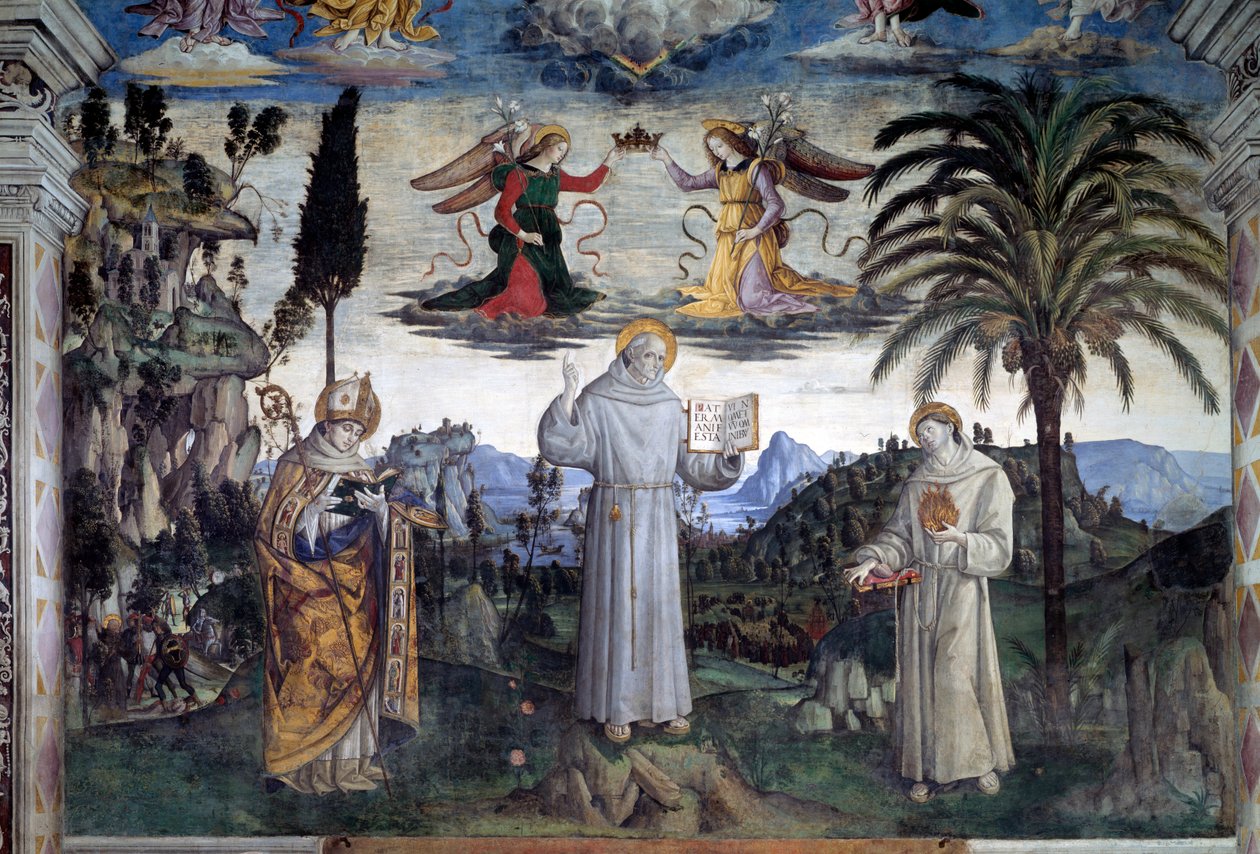 Bernardino af Sienas herlighed. Detalje af Saint mellem Saint Louis af Anjou og Saint Anthony of Padua (Fresco, ca. 1486) af Bernardino di Betto Pinturicchio