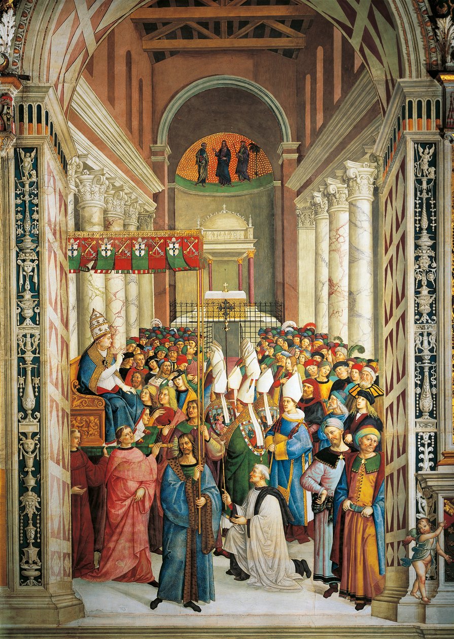 Italien, Siena, katedral, Piccolomini bibliotek, kroningen af pave Pius II, detaljer fra historier om Pius II af Bernardino di Betto Pinturicchio