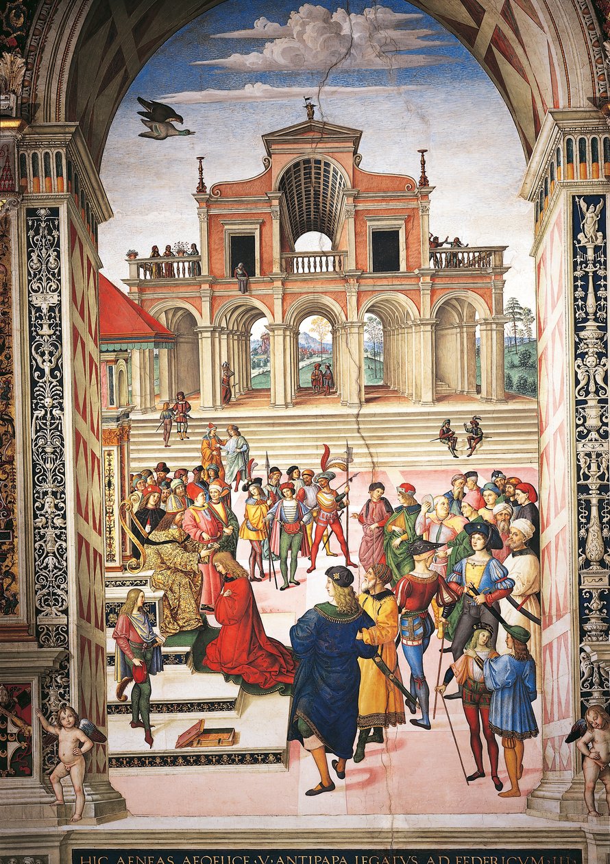 Italien, Siena, Katedralen, Piccolomini-biblioteket, Enea Silvio Piccolomini bliver gjort til digterpristager af kejser Frederik III, detaljer fra Historier om Pius II af Bernardino di Betto Pinturicchio
