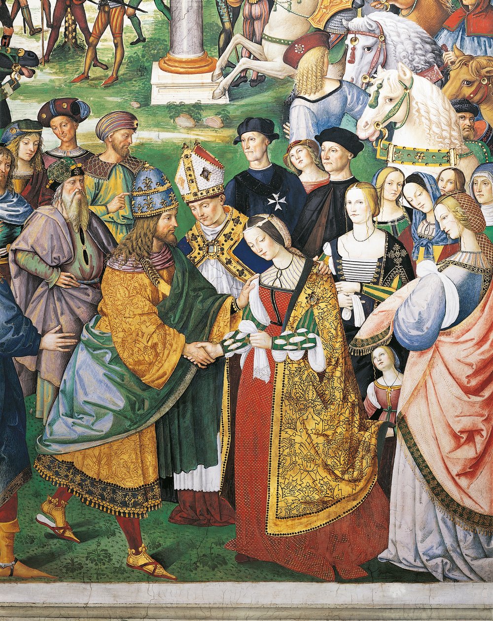 Italien, Siena, katedralen, Piccolomini bibliotek, Enea Silvio Piccolomini, biskop af Siena, der overværede kroningen af ​​Frederik III og Eleanor af Aragon, detaljer fra Historier om Pius II af Bernardino di Betto Pinturicchio